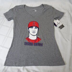 New Era LA Angels #17 Ohtani T-Shirt. Women's S, gray V-neck short sleeve